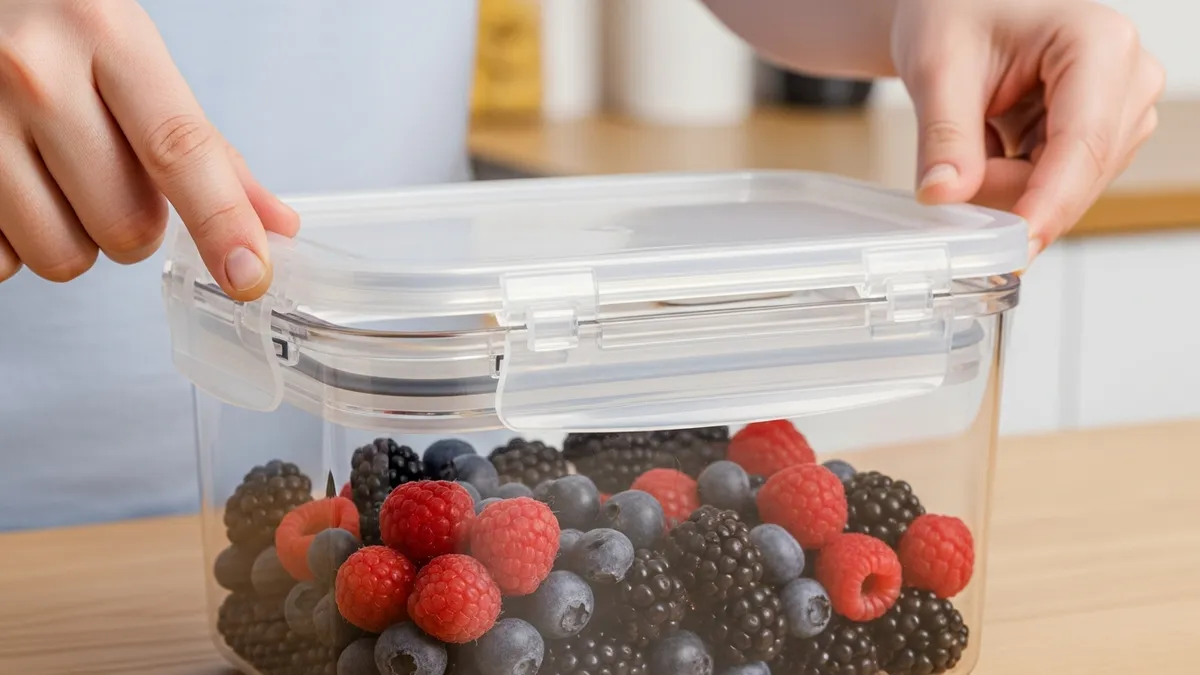 Hands locking the airtight seal clips on a food storage container filled with fresh berries