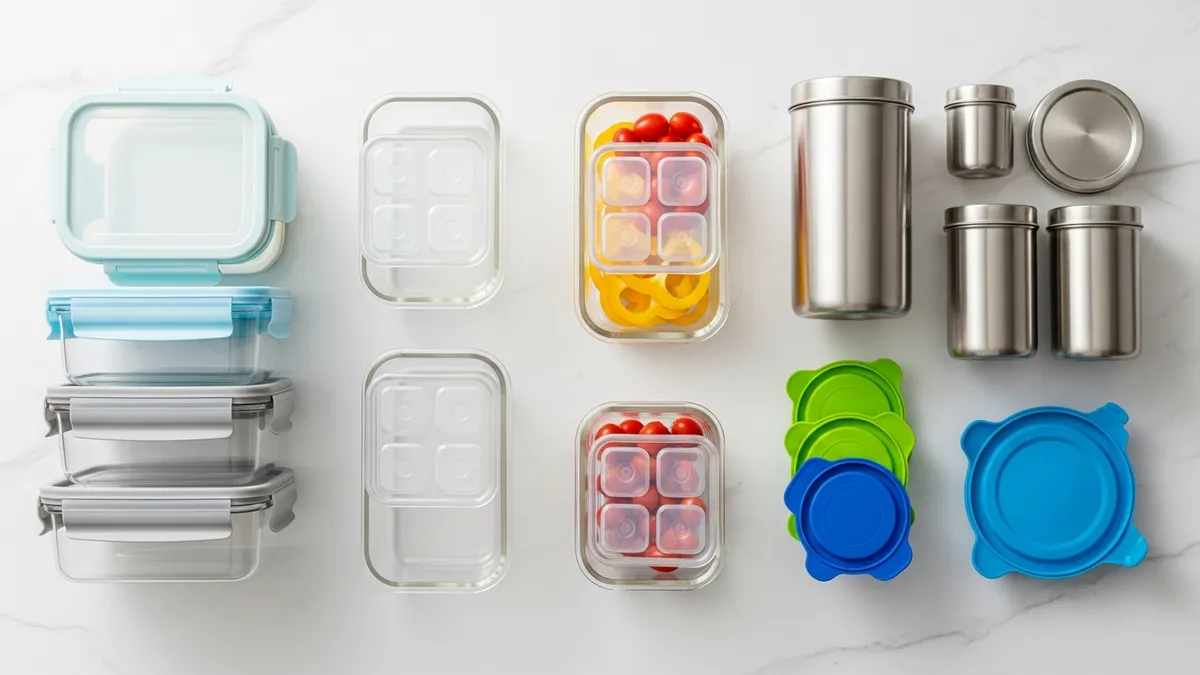 Different types of airtight food storage containers including glass, plastic, and stainless steel options