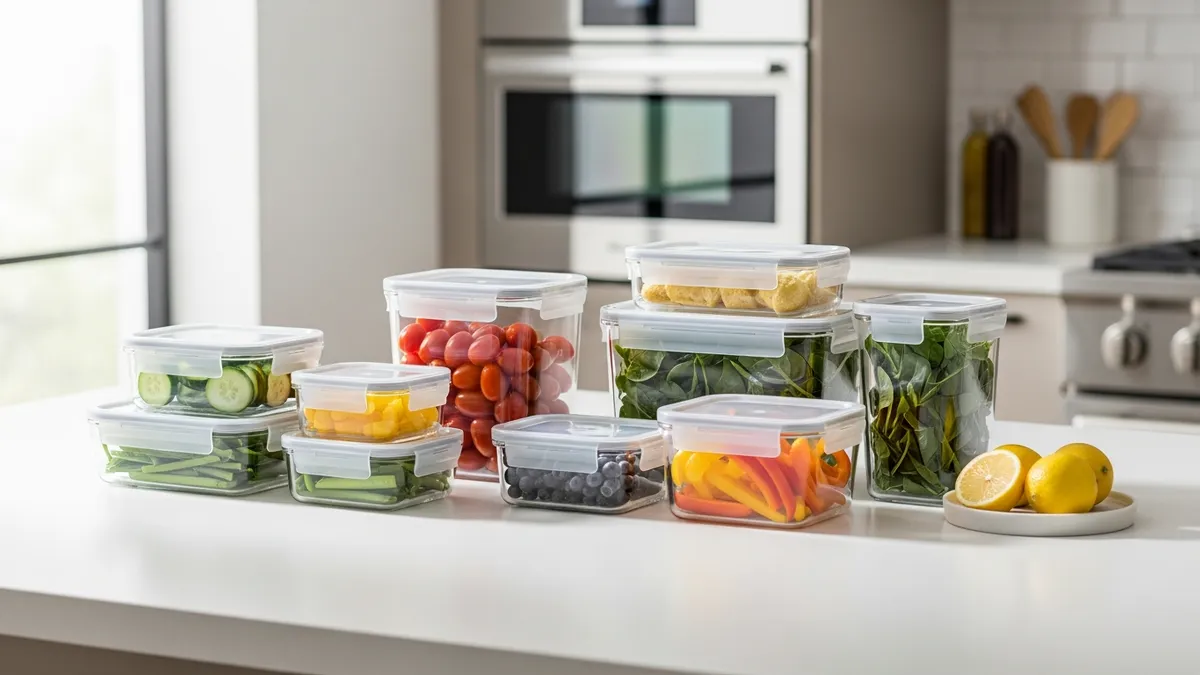 BPA-free food storage containers made of glass and safe plastic on kitchen counter