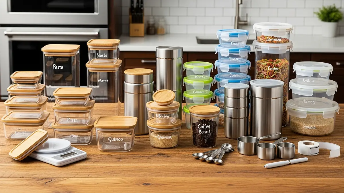 Various types of food storage containers for kitchen including glass, plastic, and stainless steel options