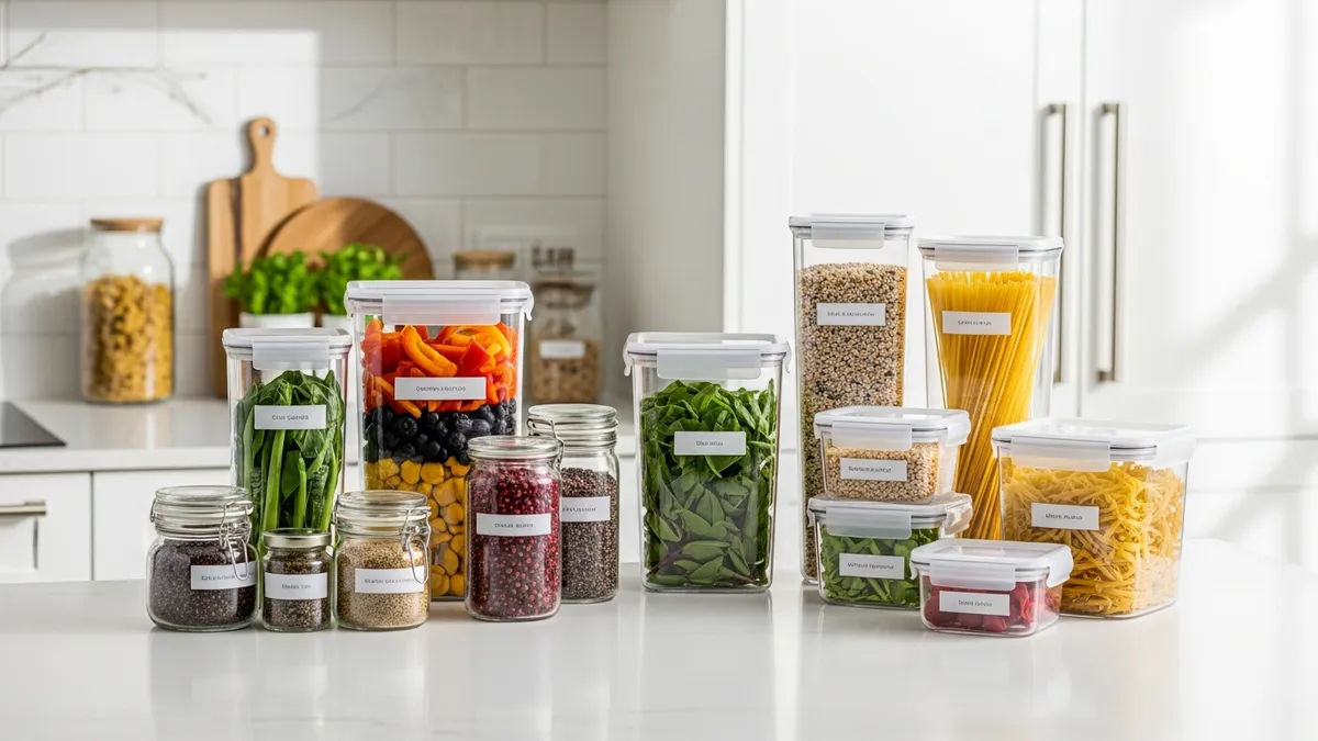Food storage containers for kitchen organization with various sizes and materials on modern countertop