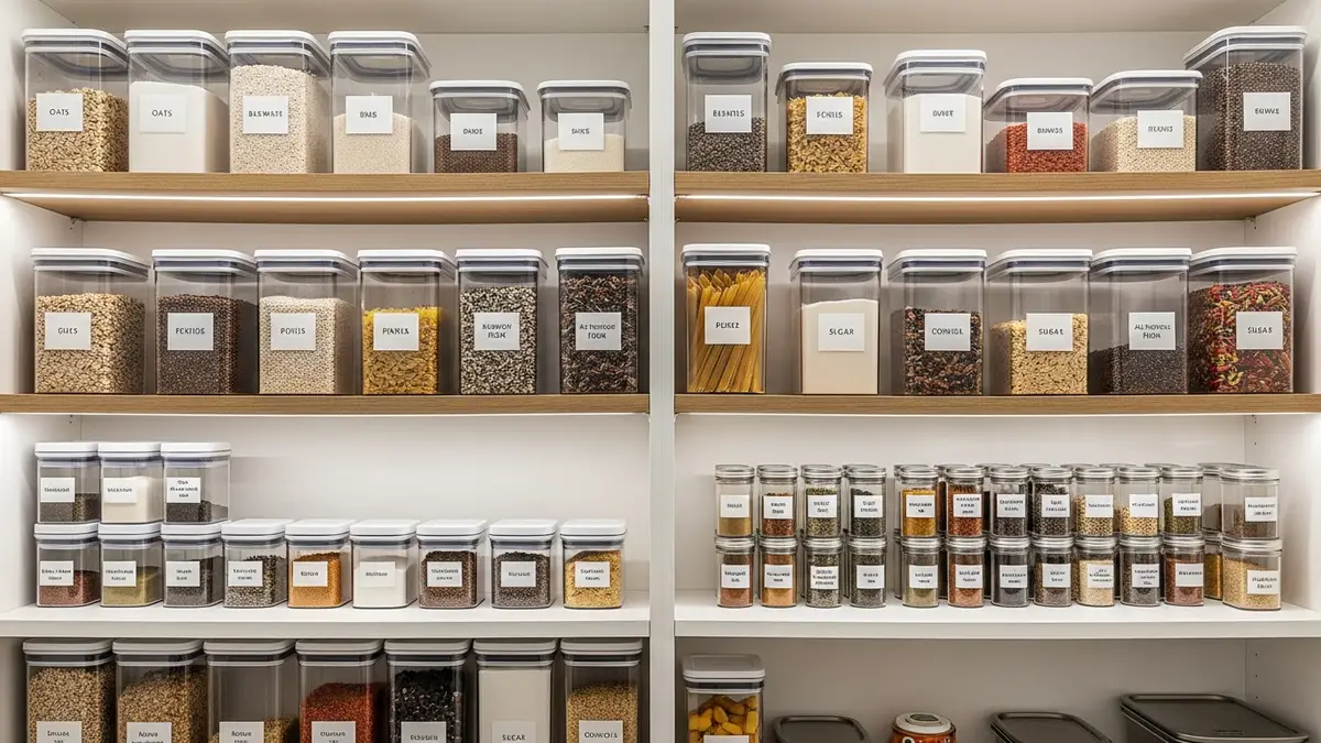 Organized kitchen pantry featuring food storage containers with clear labels and systematic arrangement