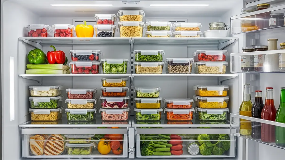 Food storage containers organized inside refrigerator for optimal kitchen food storage efficiency
