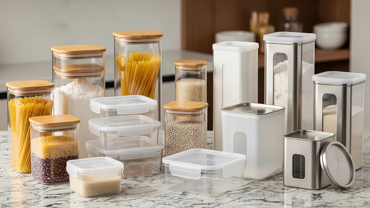 Different types of food storage containers for pantry including glass plastic and metal options