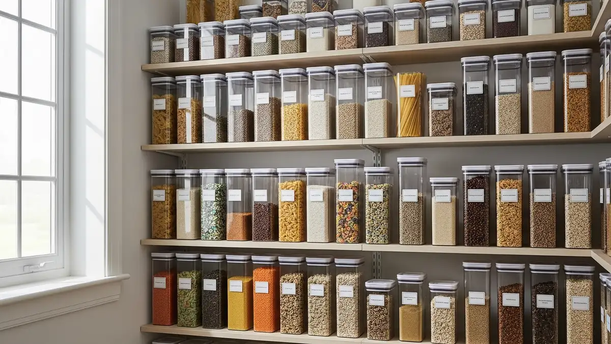 Organized pantry with food storage containers for pantry filled with dry goods and labeled containers
