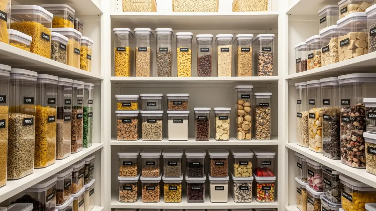 Systematic pantry organization using food storage containers for pantry with clear labeling system