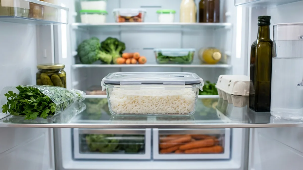 Cooked white rice stored in a rectangular glass food container with a tight-fitting lid on a refrigerator shelf
