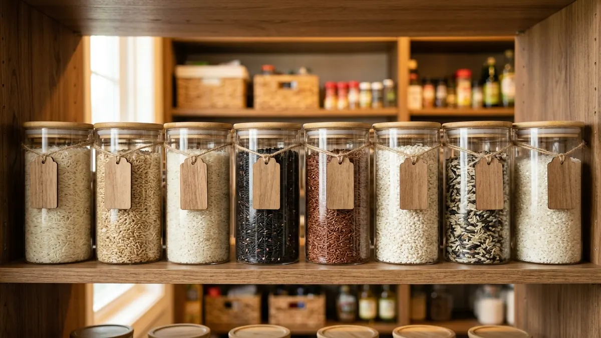 Organized pantry shelf with stacked transparent airtight containers holding different rice varieties