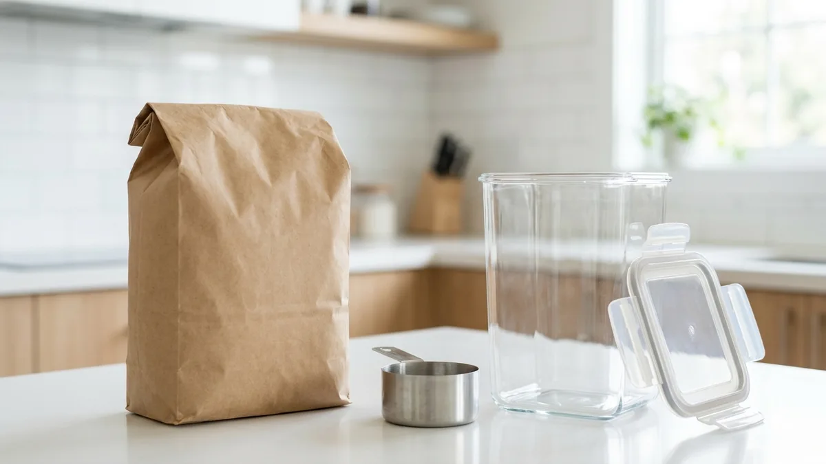 Hands transferring uncooked rice from a bag into a clear airtight locking-lid container on a kitchen counter