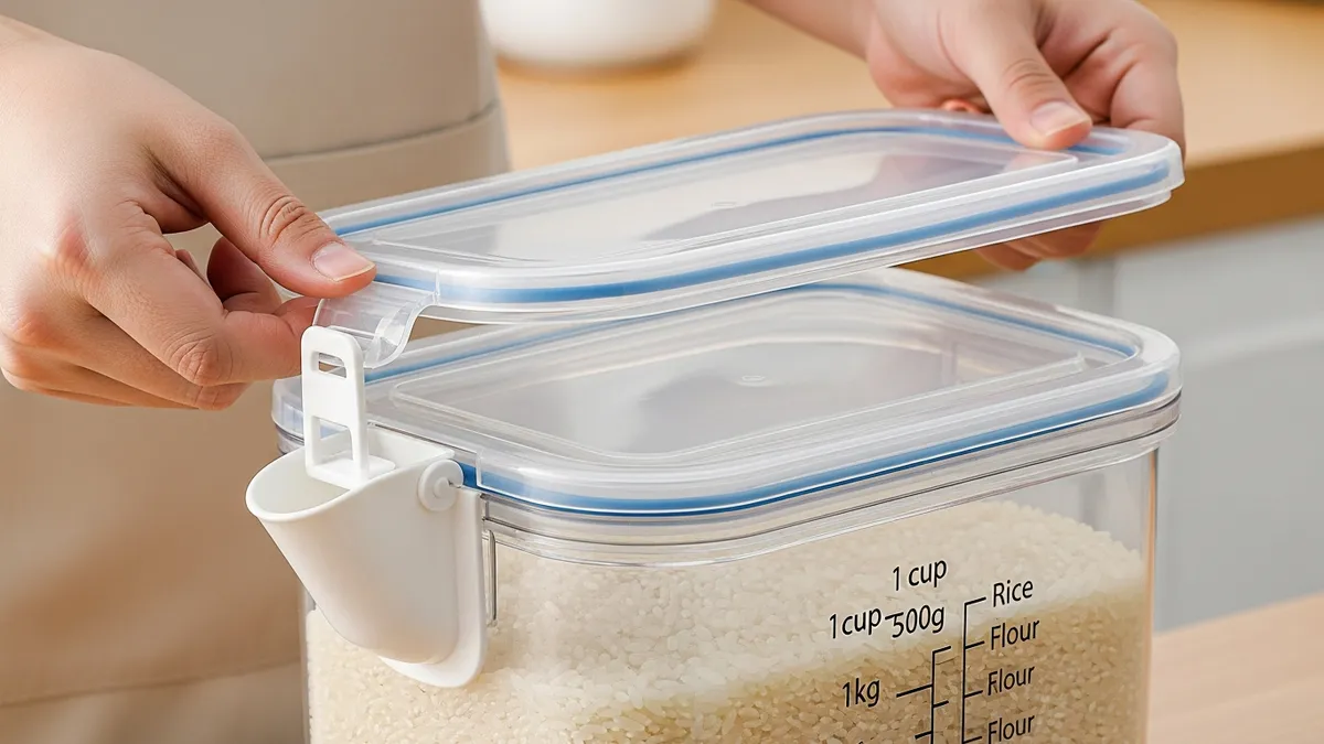 Rice storage container features including airtight seal and pour spout
