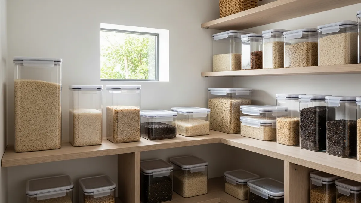 Food storage containers for rice organized in modern kitchen pantry