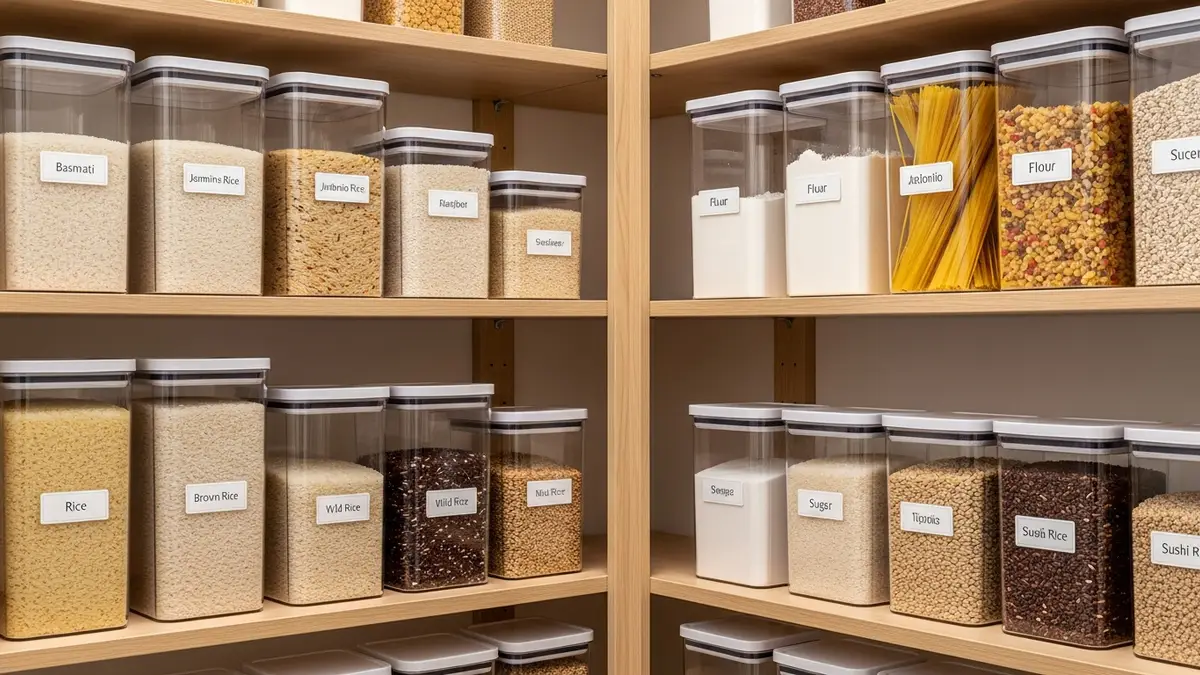 Organized pantry with labeled rice storage containers and dry goods