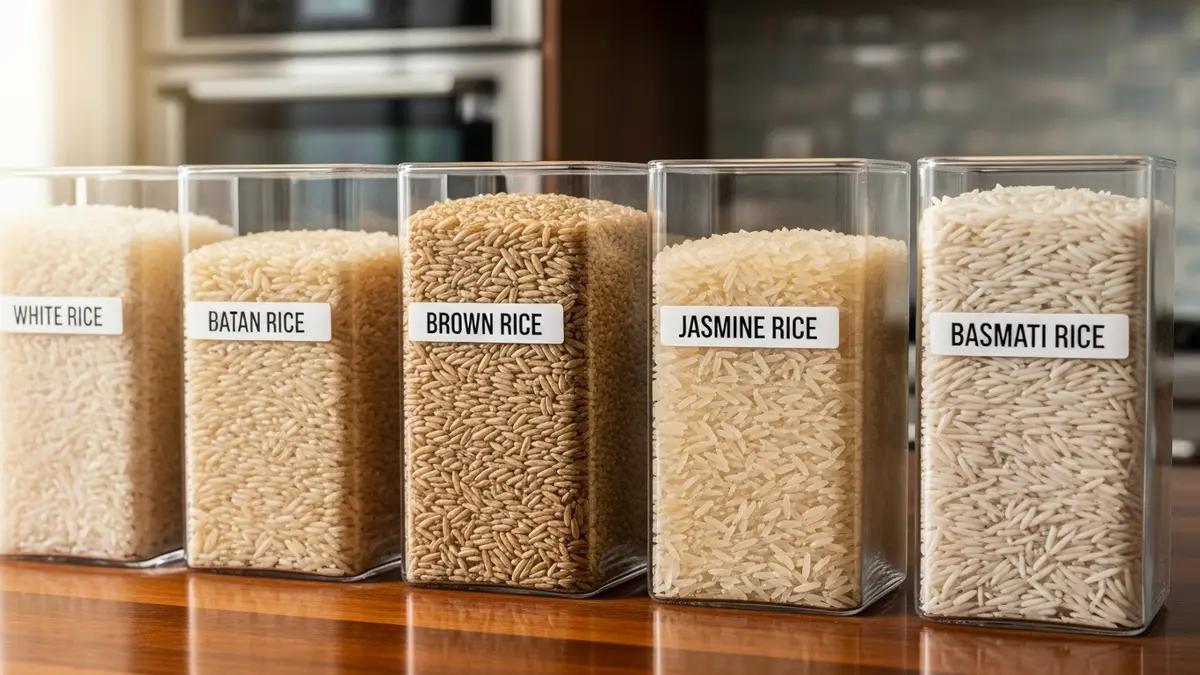 Different rice varieties stored in clear airtight food storage containers