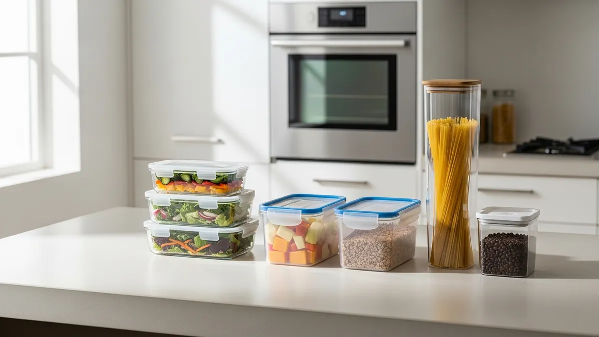 Various food storage containers lids organized on kitchen counter showing different lid types and materials