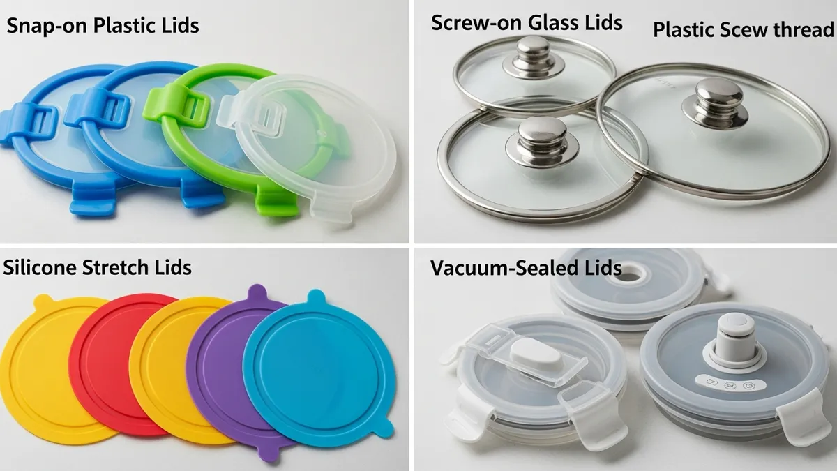 Different types of food storage containers lids showing various sealing mechanisms and materials