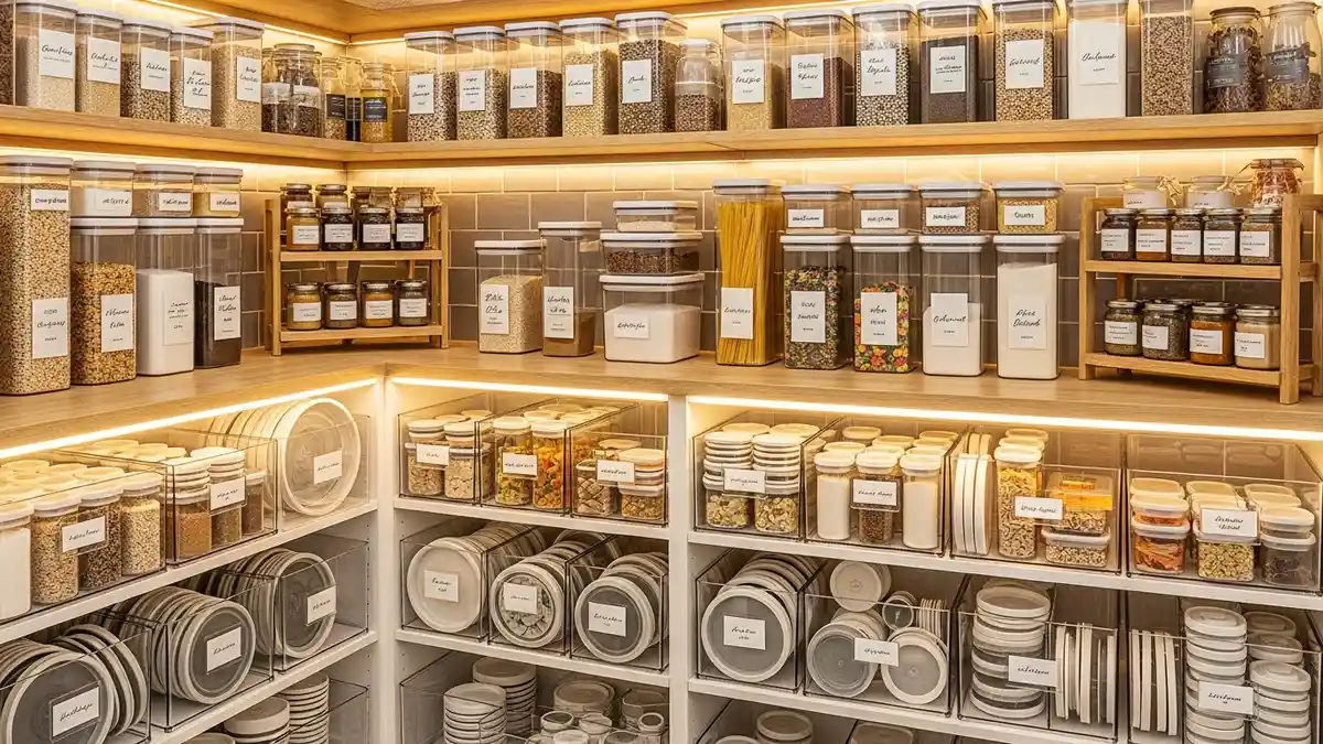 Organized food storage containers lids system in kitchen pantry with clear storage solutions
