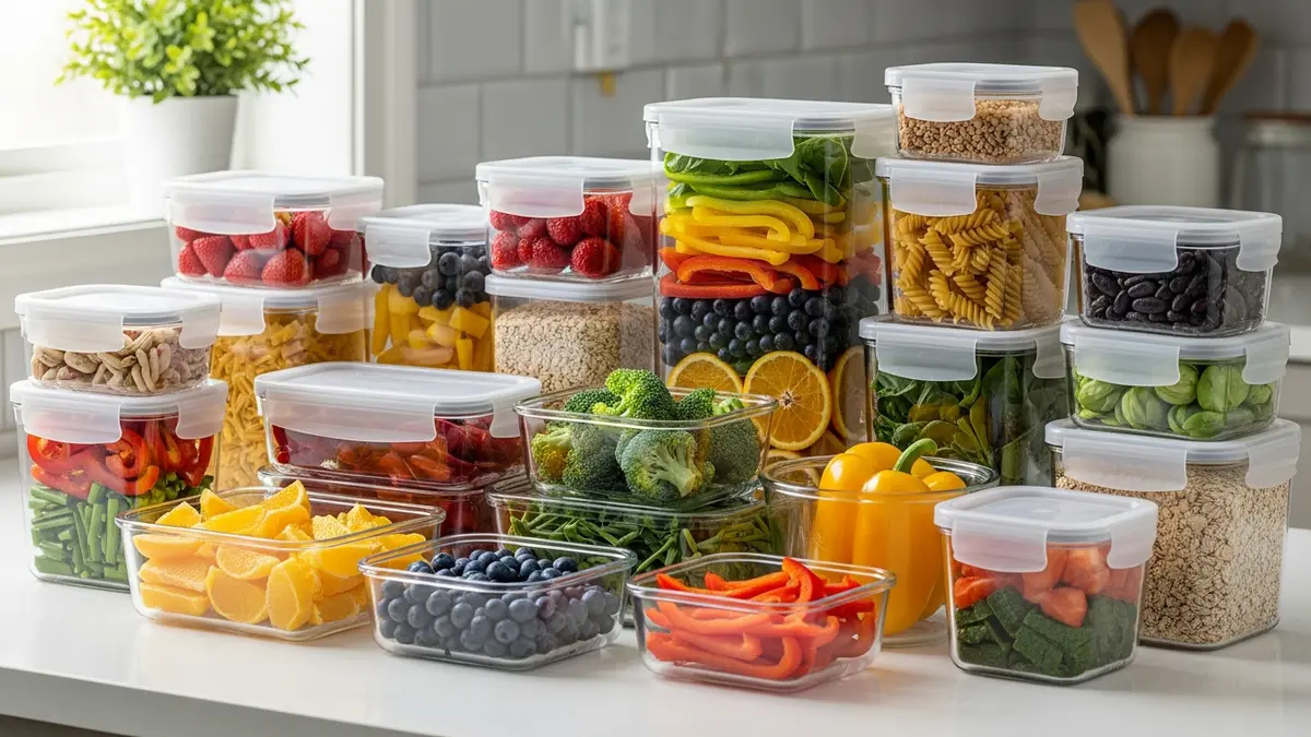 Various food storage containers with lids arranged on kitchen counter for fresh food organization