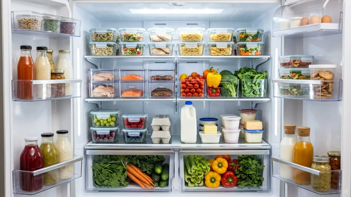 Neatly organized refrigerator with stackable clear food storage containers with lids on every shelf