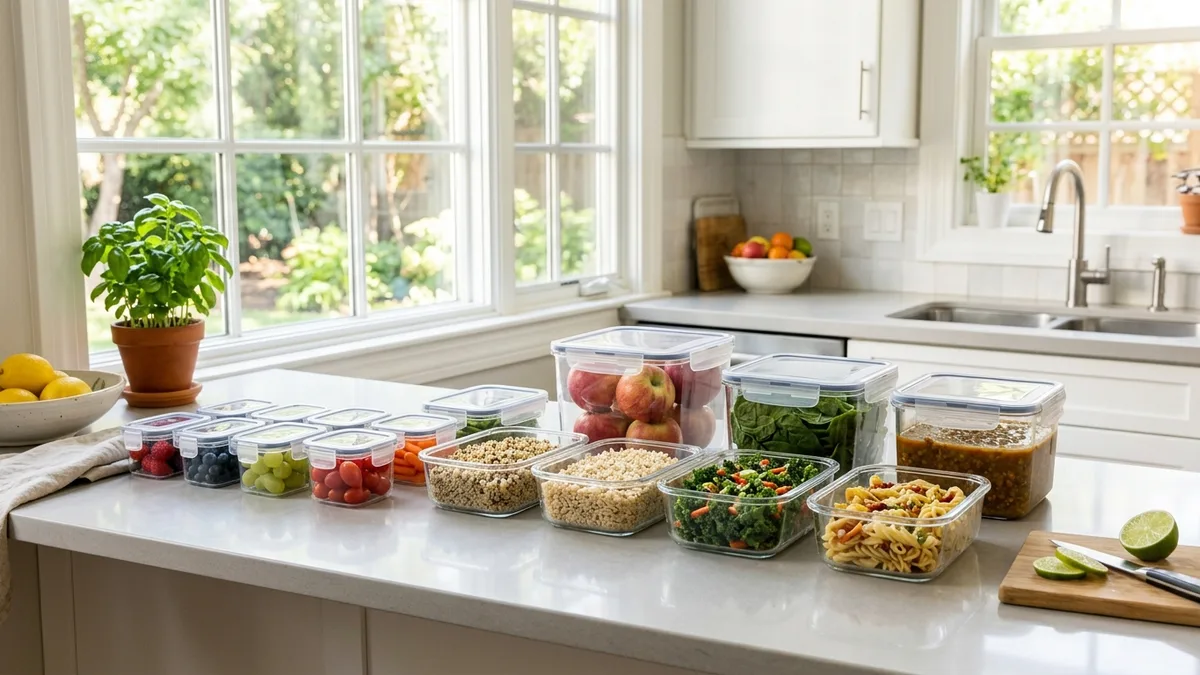 Assorted clear food storage containers with snap-on lids organized on a bright kitchen countertop