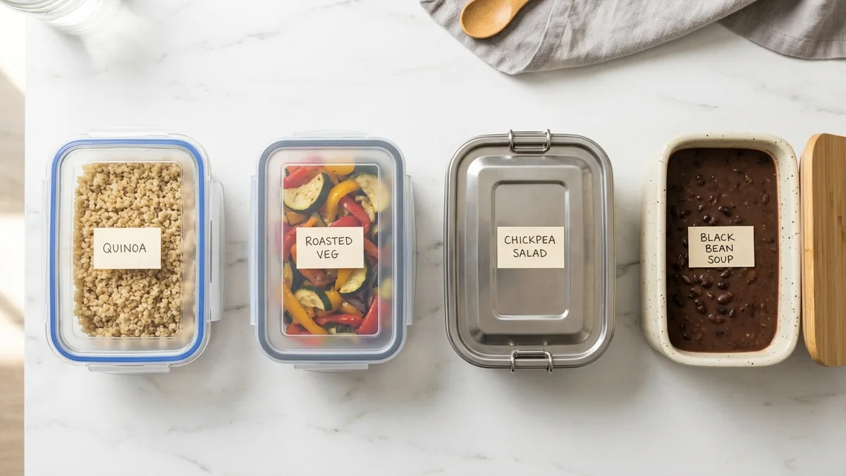 Four types of food storage containers with lids arranged side by side including glass plastic stainless steel and ceramic options