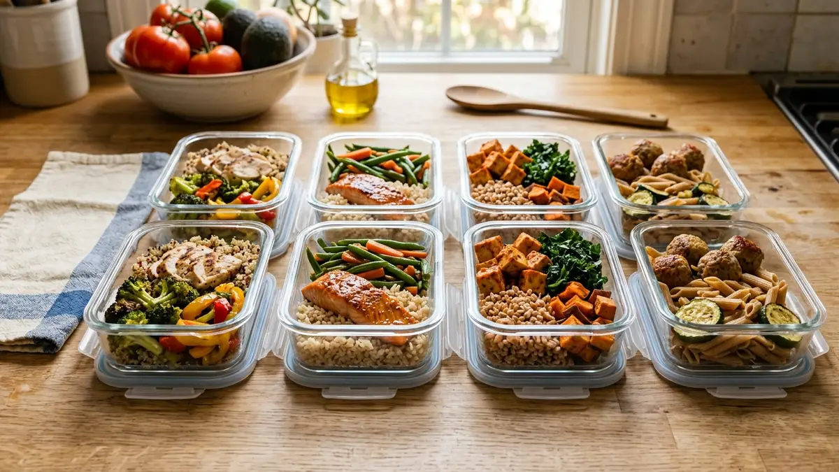 Meal prep food storage containers with clear lids filled with balanced meals arranged on a kitchen table
