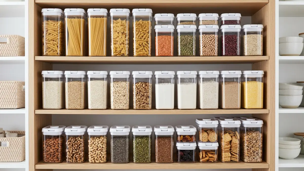 Organized pantry shelf with matching square airtight food storage containers with lids holding dry pantry staples