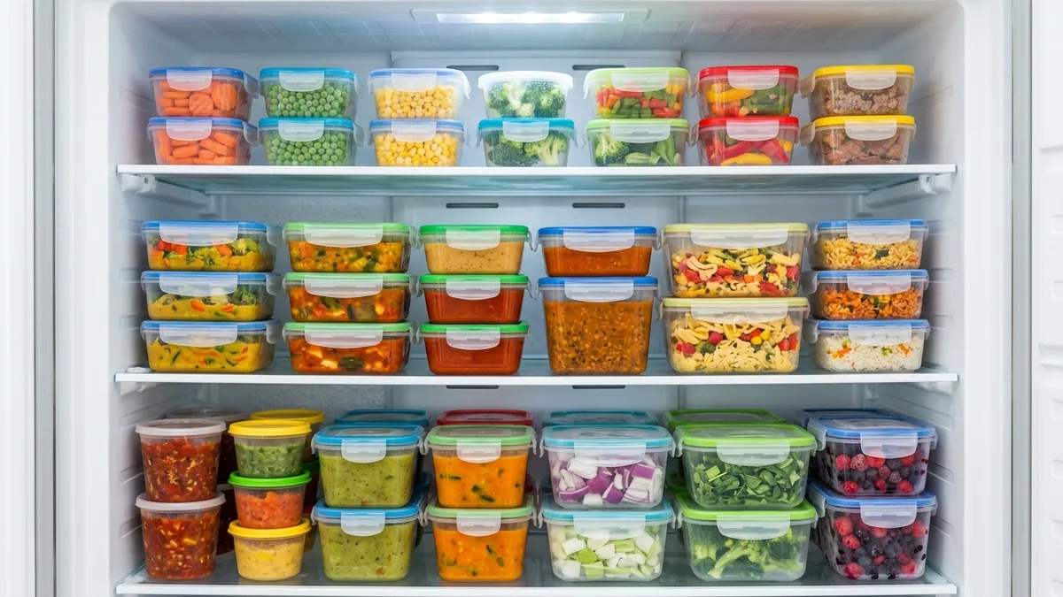 Assorted clear freezable food storage containers stacked neatly inside an organized home freezer