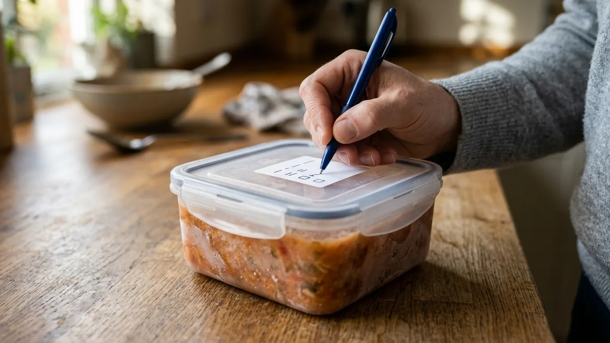 Person labeling a freezable food storage container with a meal name and date on a kitchen countertop