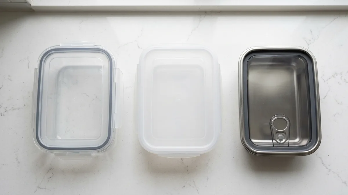 Tempered glass BPA-free plastic and stainless steel freezer-safe food storage containers displayed on a white kitchen counter