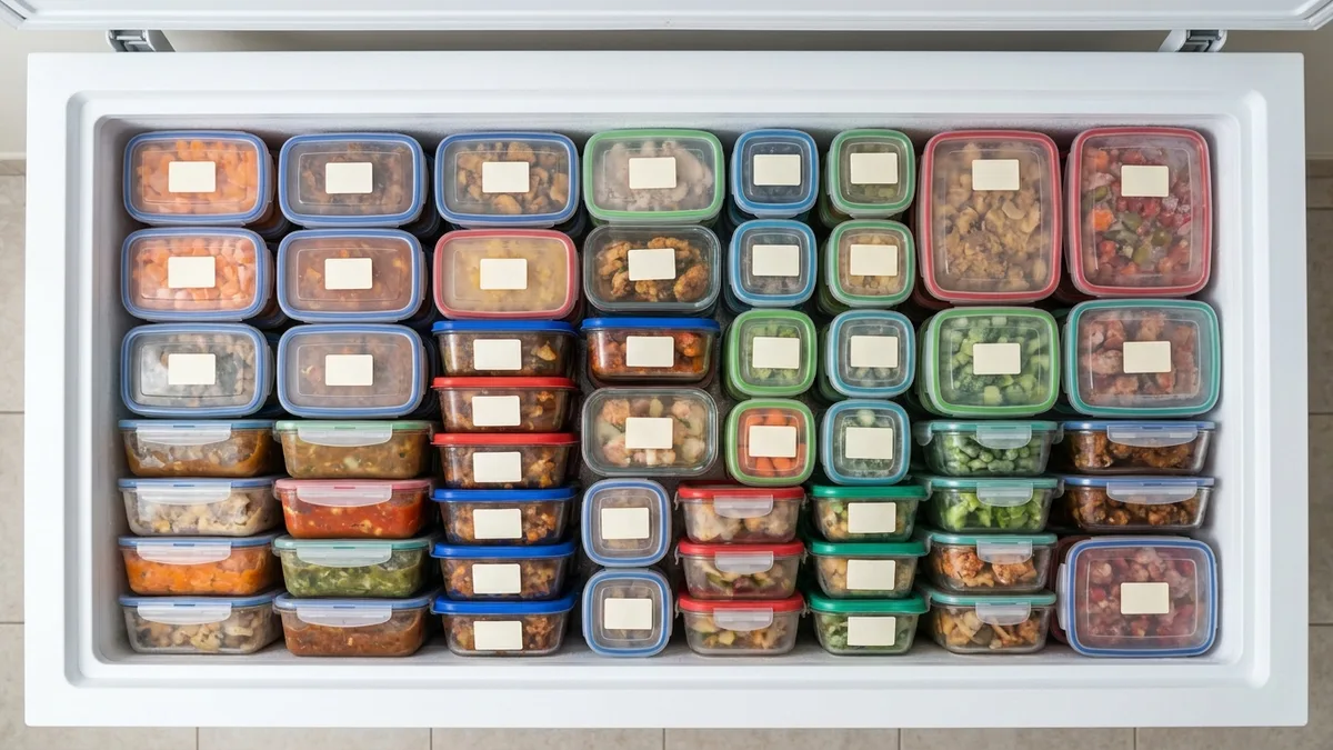 Overhead view of a chest freezer organized with uniform rectangular freezable food storage containers stacked in neat rows