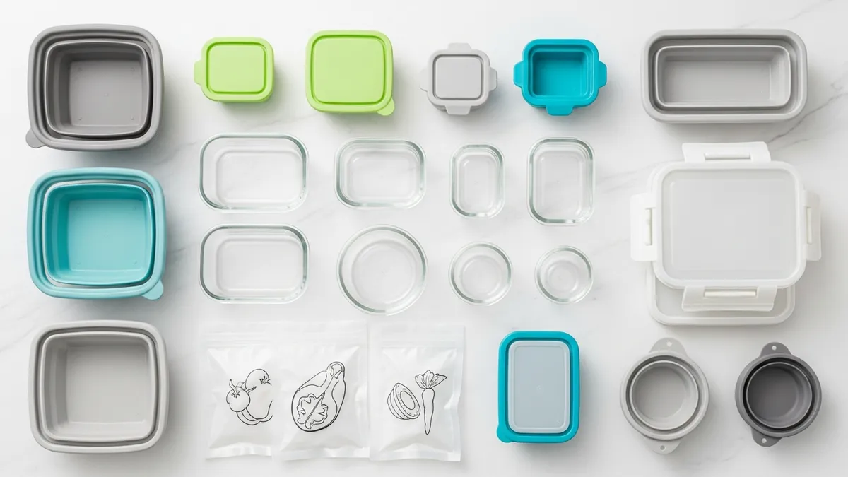 different types of freezable food storage containers arranged on marble surface