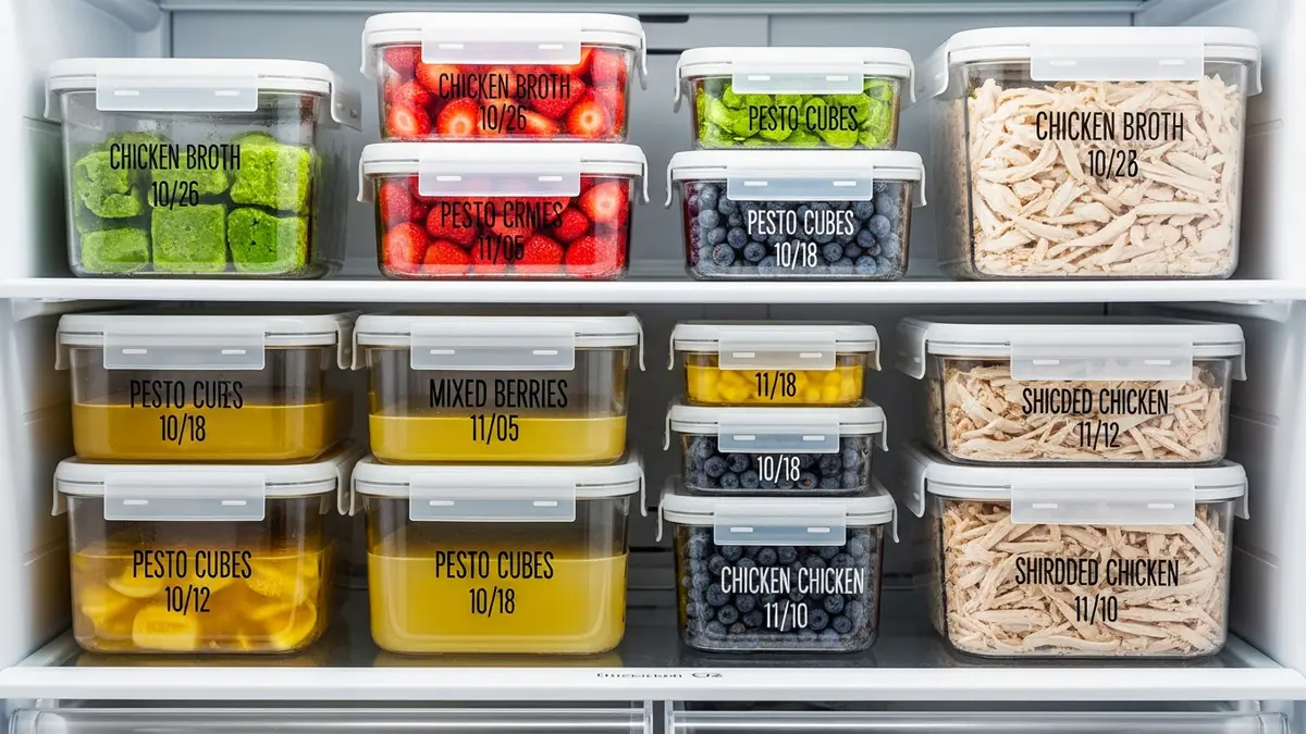 organized freezer with freezable food storage containers and labels