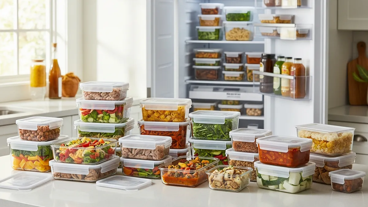 freezable food storage containers organized on kitchen counter with freezer in background