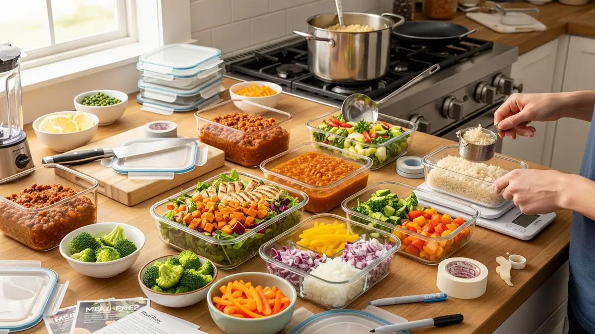 meal prep with freezable food storage containers being filled with prepared meals