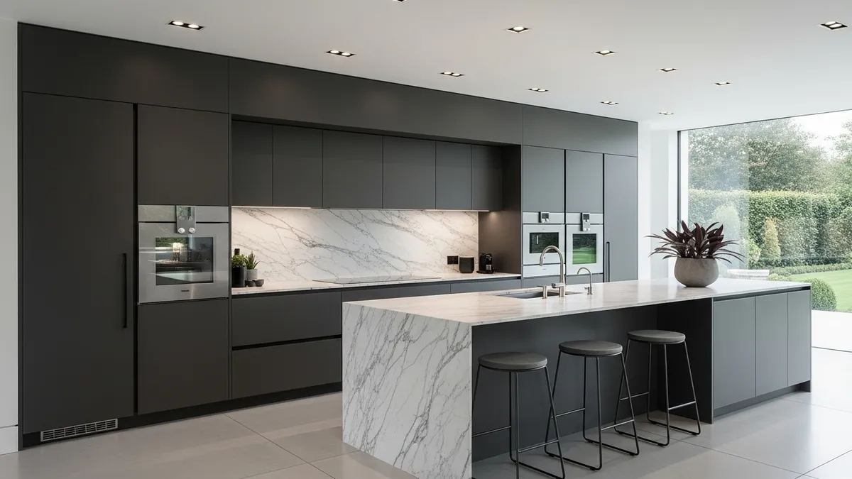 Elegant gambar kitchen set minimalis featuring dark gray cabinets and marble countertops in modern home