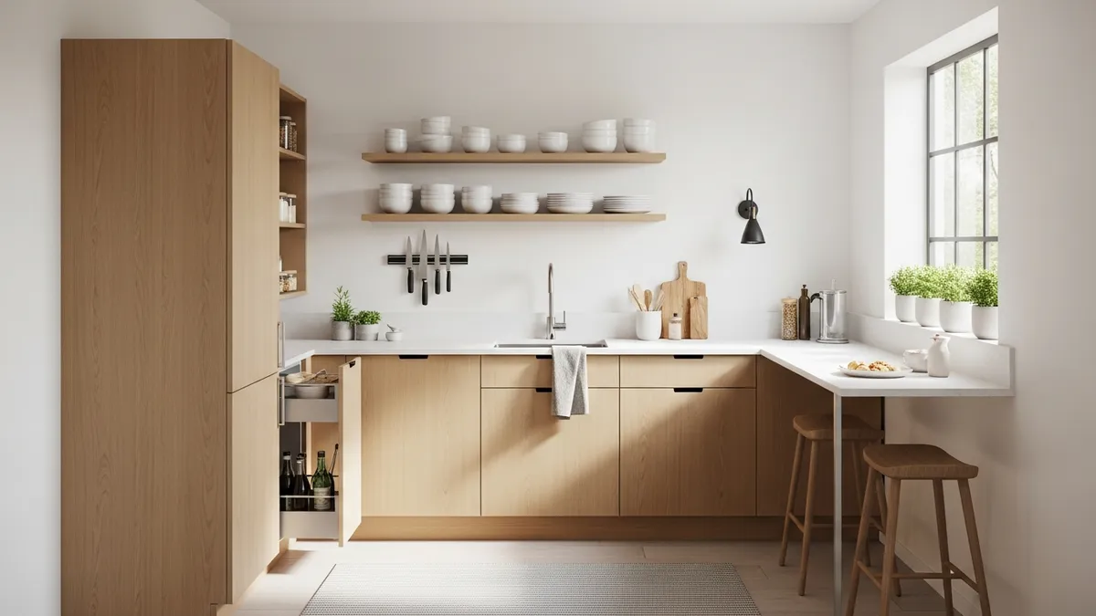 Gambar kitchen set minimalis for small kitchen with light wood finish and smart space utilization