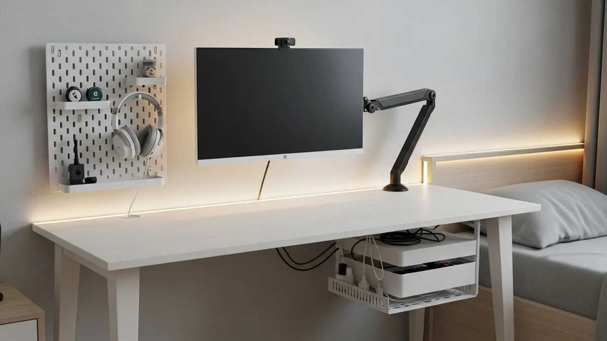 Compact single monitor gaming desk setup with pegboard wall organization and cable management box