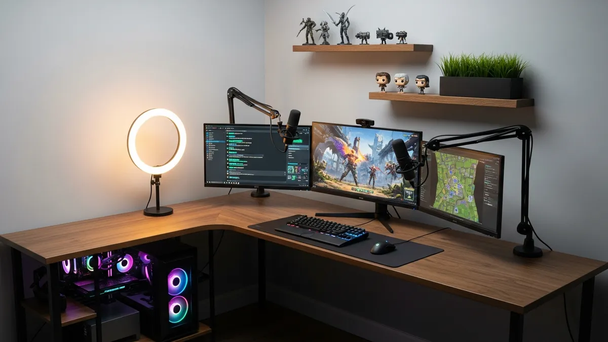 L-shaped gaming desk setup with triple monitors streaming microphone and organized shelves