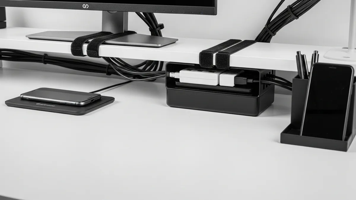 Gaming desk cable management ideas with cable box velcro ties and desktop organizer