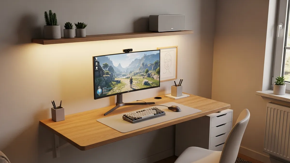 Minimalist gaming desk setup ideas with floating wall mounted desk ultrawide monitor and plants