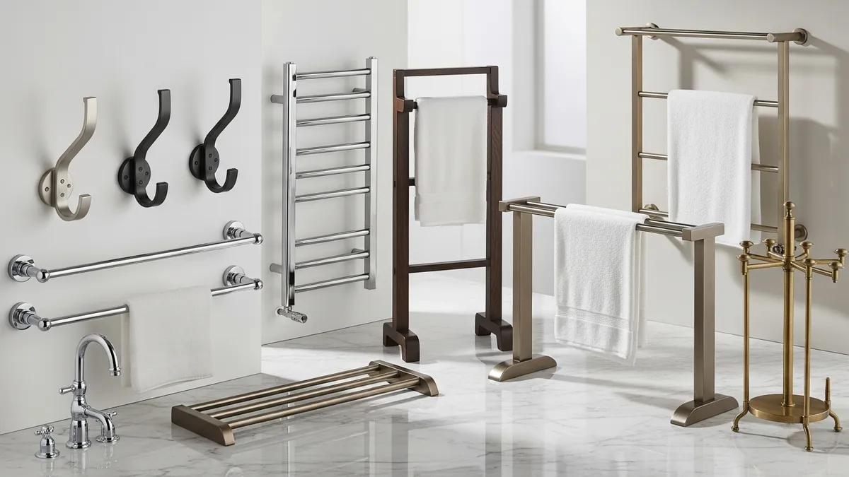 Various types of bathroom towel racks comparison display