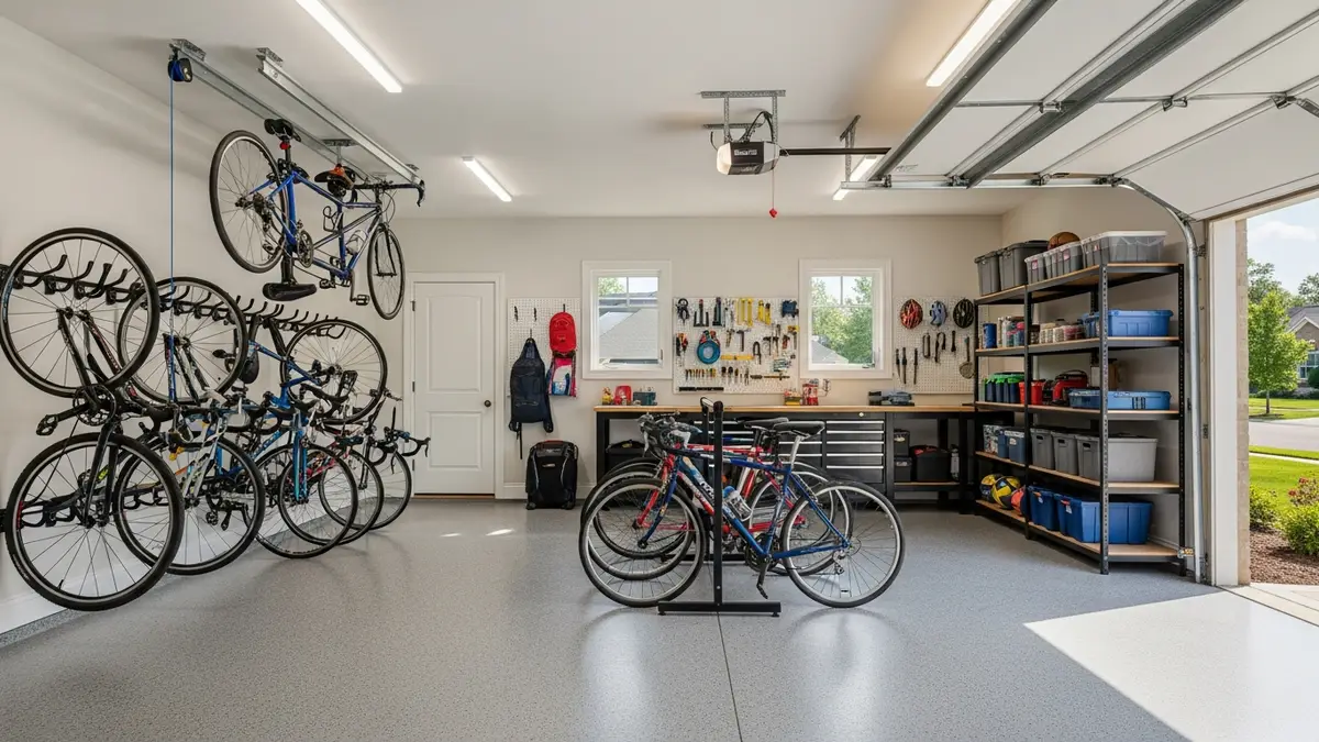 Organized garage with multiple bikes stored on wall-mounted hooks and ceiling pulley systems - garage bike storage ideas