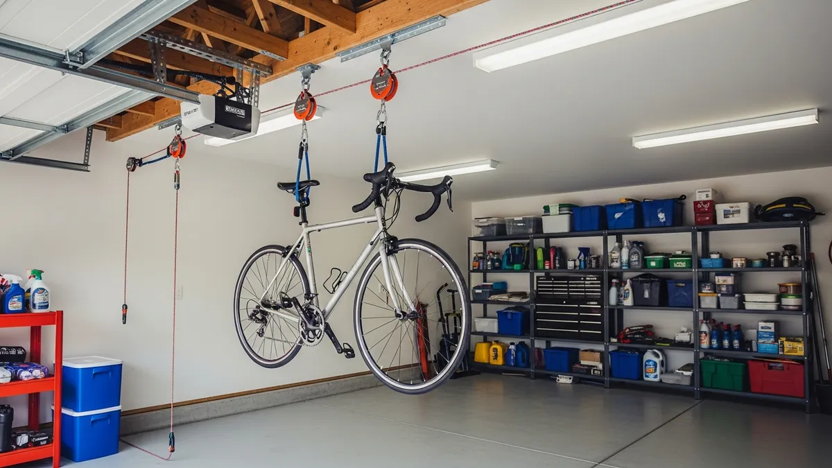 Bicycle lifted to garage ceiling using a pulley hoist storage system to save floor space