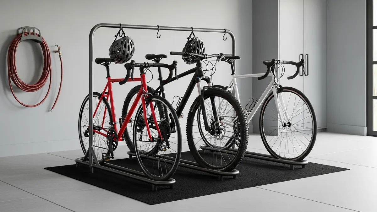 Freestanding metal bike storage rack holding three bicycles in a tidy garage