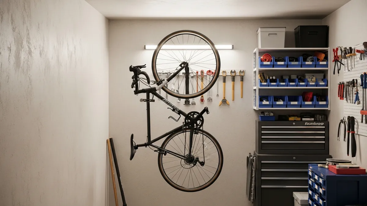 Bicycle stored vertically on a wall hook in a small garage to maximize limited space