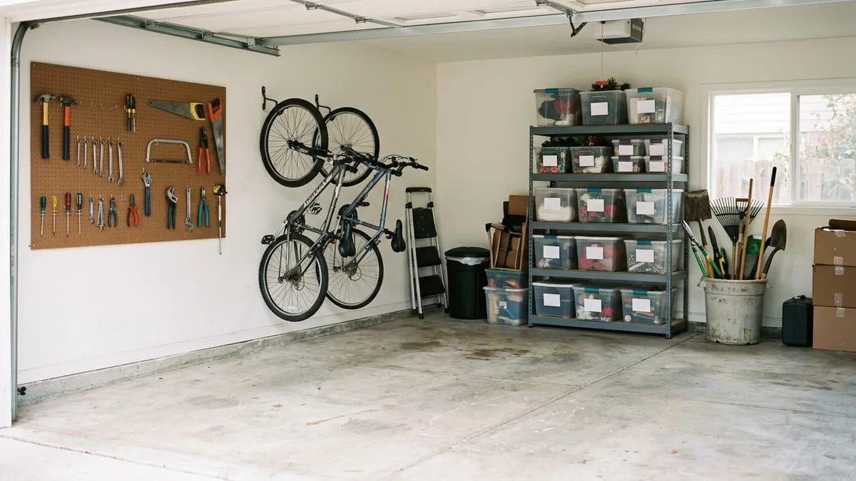 Garage wall with a pegboard of hand tools, two bikes hung on wall hooks, a gray metal shelf of labeled clear bins and long garden tools standing in a bucket