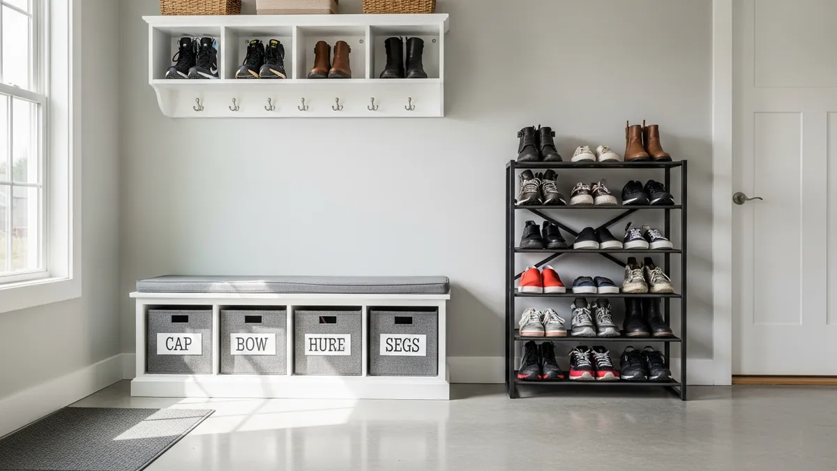 Organized garage shoe storage ideas with wall-mounted racks and multi-tier shelving in a modern American home