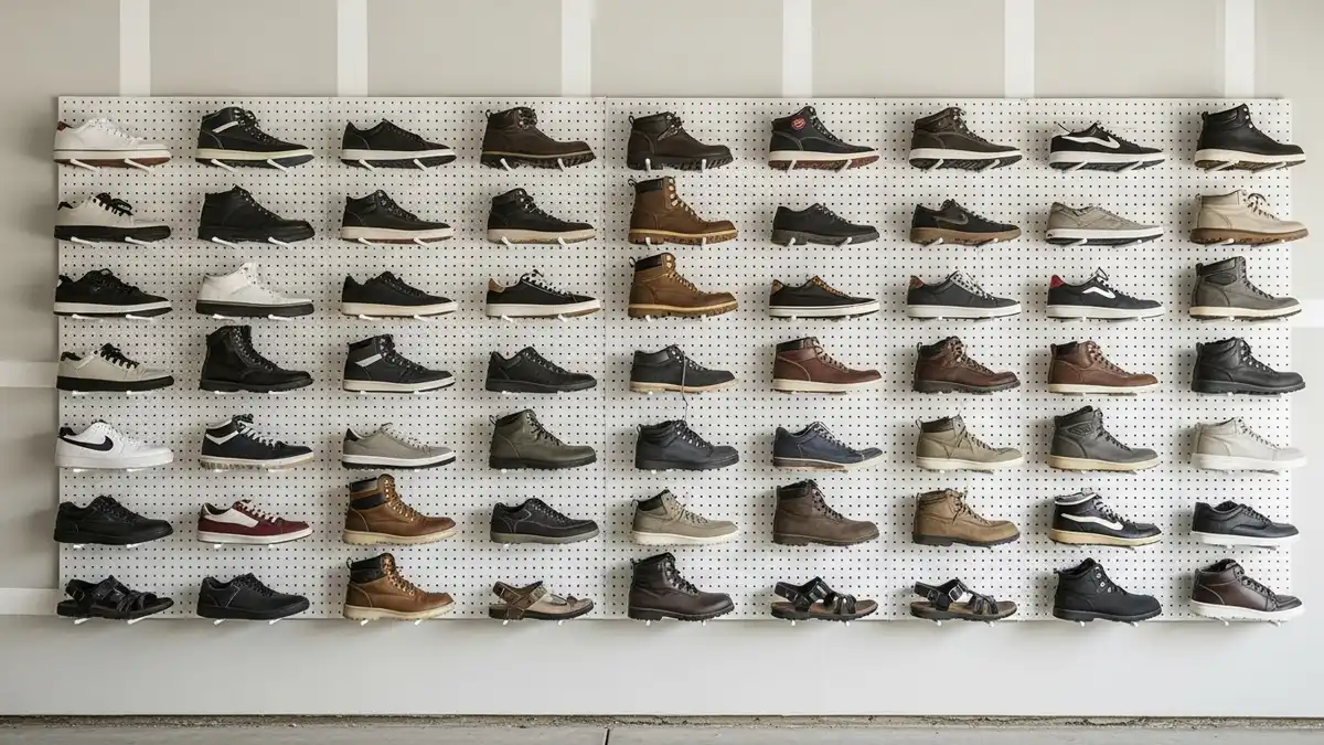 Wall-mounted pegboard with hooks for garage shoe storage organizing sneakers and boots