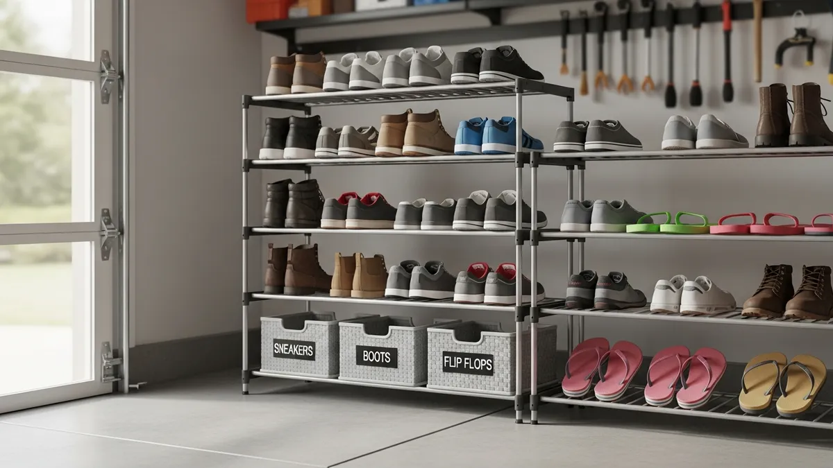 Freestanding multi-tier metal shoe rack near garage door for organized family shoe storage