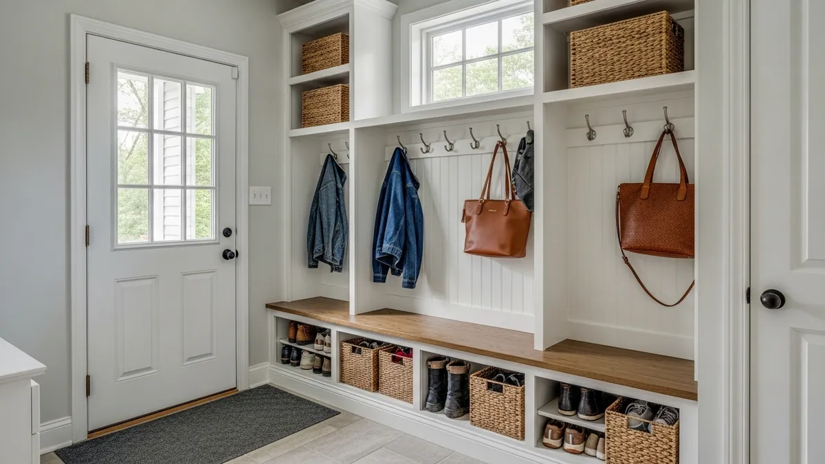 Garage mudroom bench with built-in shoe cubbies and coat hooks for entryway organization